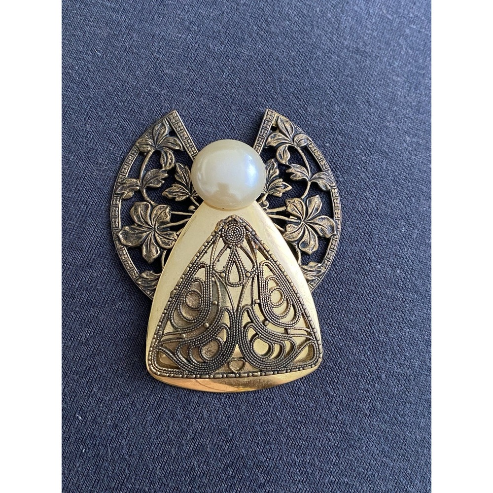 VNT Jane Angel Gold tone Faux Pearl Signed Brooch Spiritual Guardian Charm Large